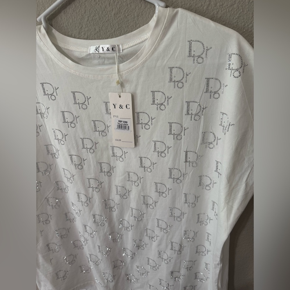 Y & C Dior White Short Sleeve Logo Tee with Rhinestone Accents - Picture 2 of 4
